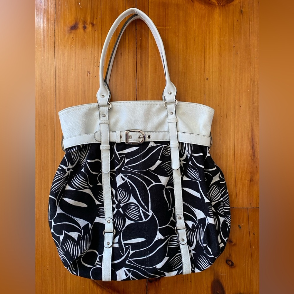 White Leather and Floral Fabric Satchel